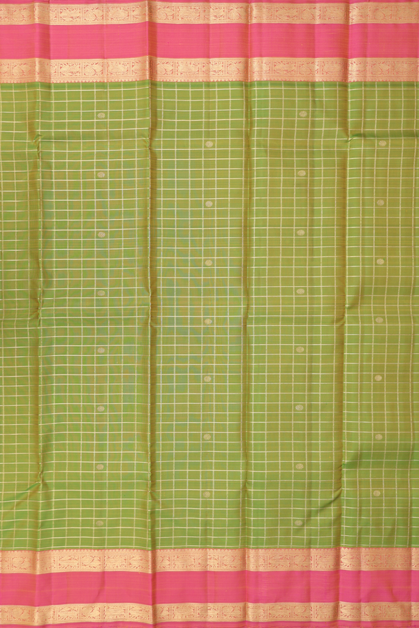 Kanchipuram Silk Saree In Parrot Green With Checks Design