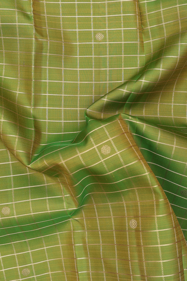 Kanchipuram Silk Saree In Parrot Green With Checks Design