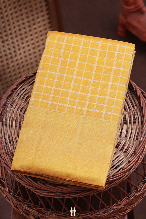 Kanchipuram Silk Saree In Saffron Yellow Checks Design