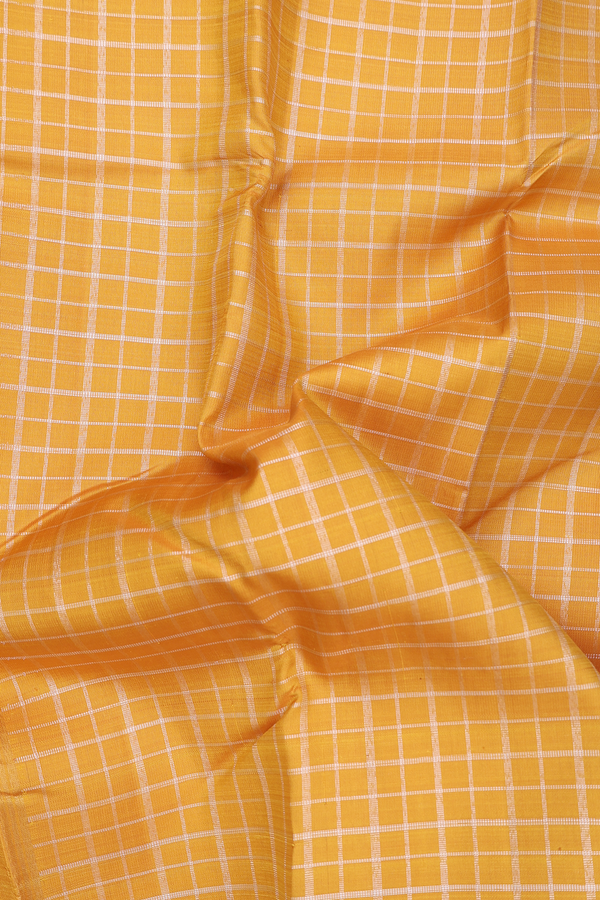 Kanchipuram Silk Saree In Saffron Yellow Checks Design