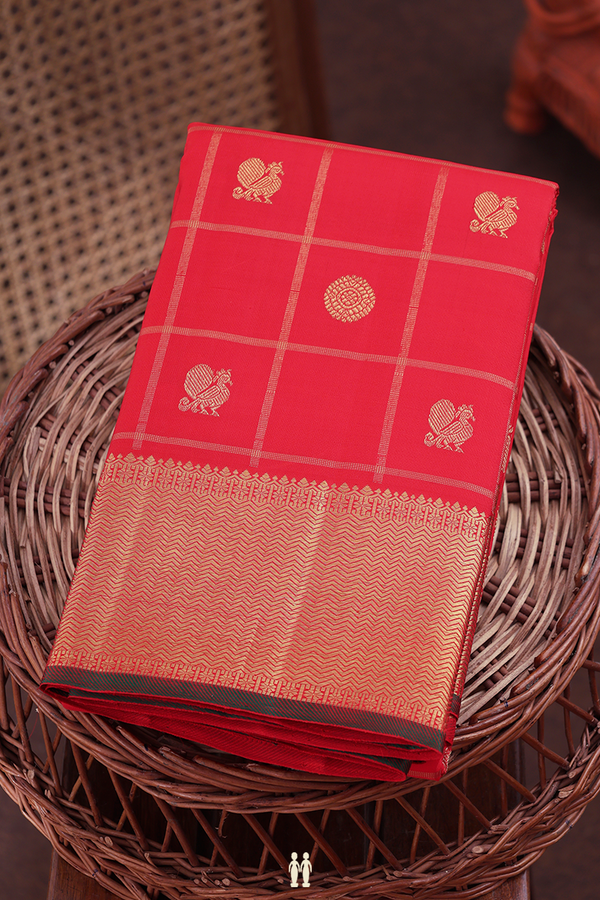 Kanchipuram Silk Saree In Vermillion Red With Checks Design