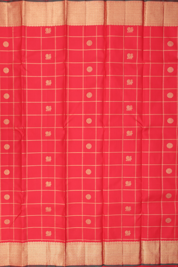 Kanchipuram Silk Saree In Vermillion Red With Checks Design