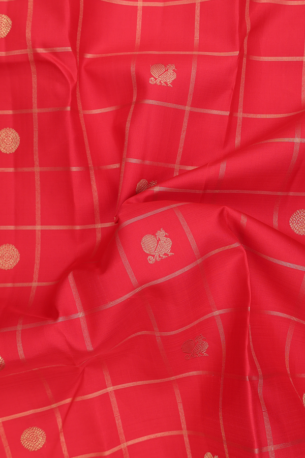 Kanchipuram Silk Saree In Vermillion Red With Checks Design