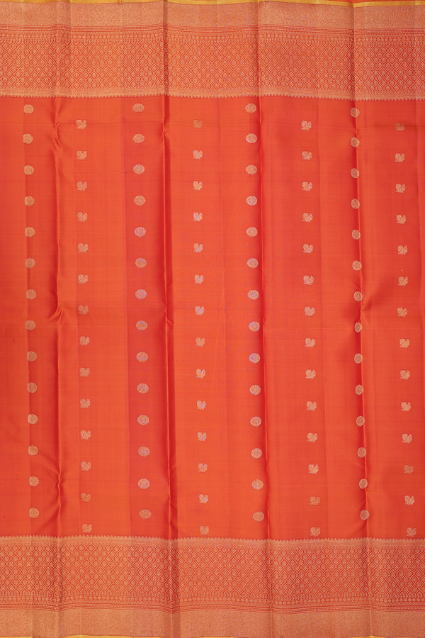 Kanchipuram Silk Saree In Orange With Peacock Buttas