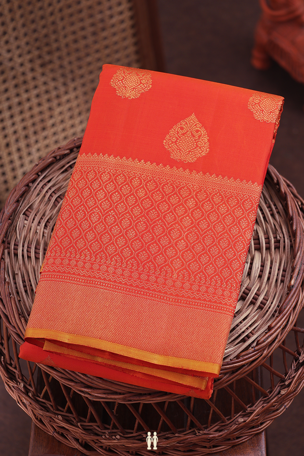 Kanchipuram Silk Saree In Royal Orange With Zari Buttas