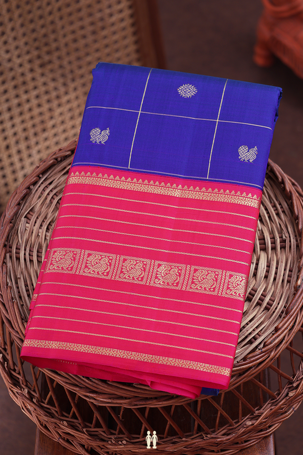 Kanchipuram Silk Saree In Royal Blue With Checks Design