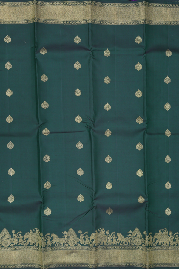 Kanchipuram Silk Saree In Forest Green With Zari Buttas