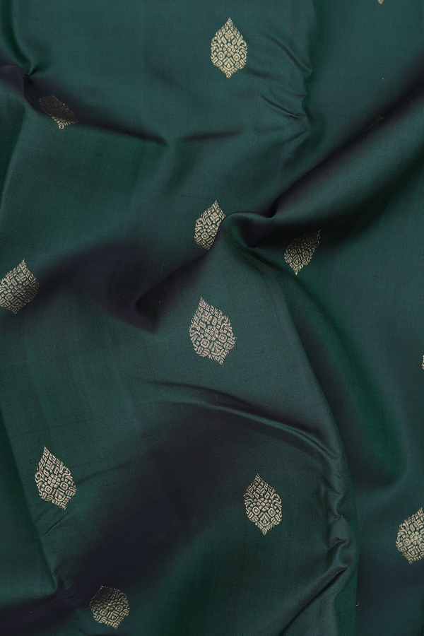 Kanchipuram Silk Saree In Forest Green With Zari Buttas