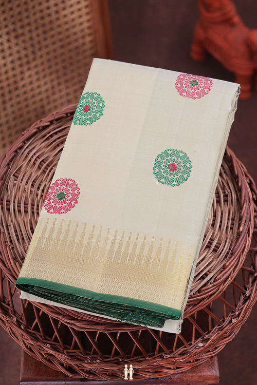 Kanchipuram Silk Saree In Beige With Threadwork Buttas