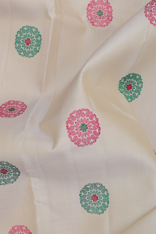 Kanchipuram Silk Saree In Beige With Threadwork Buttas