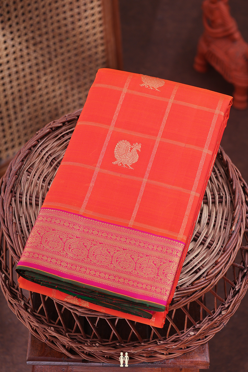 Kanchipuram Silk Saree In Bright Orange With Checks Design