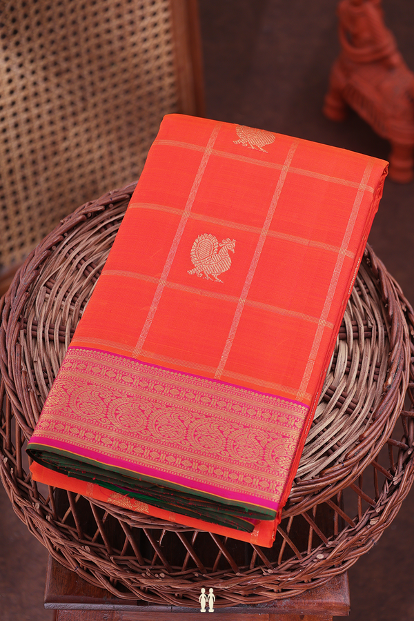 Kanchipuram Silk Saree In Bright Orange With Checks Design