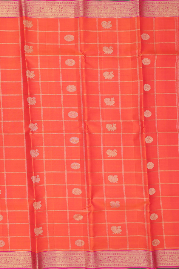 Kanchipuram Silk Saree In Bright Orange With Checks Design