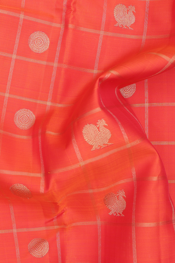 Kanchipuram Silk Saree In Bright Orange With Checks Design