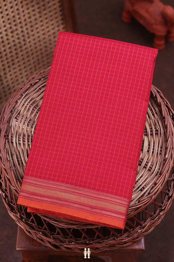 Kanchipuram Silk Saree In Scarlet Red With Checks Design