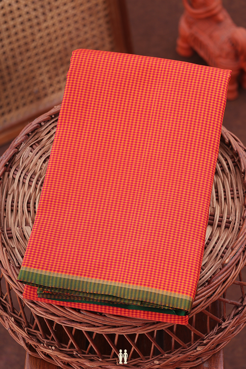 Kanchipuram Silk Saree In Red And Orange With Checks Design