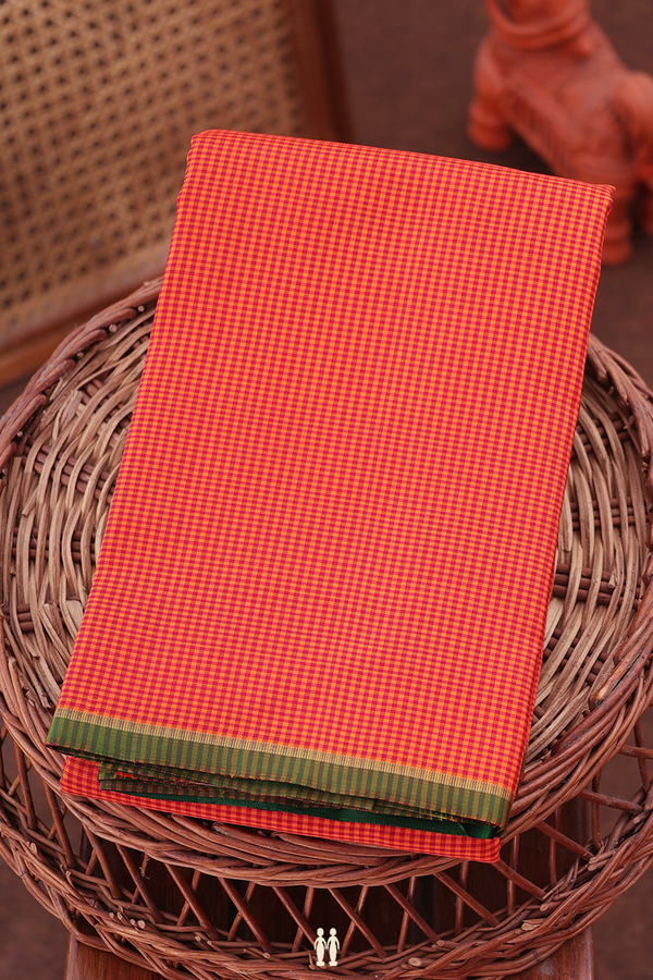 Kanchipuram Silk Saree In Red And Orange With Checks Design