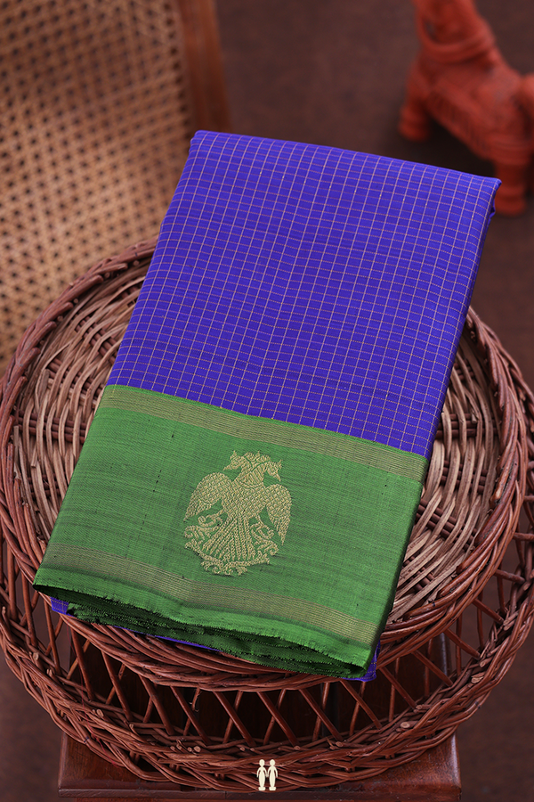 Kanchipuram Silk Saree In Royal Blue With Checks Design