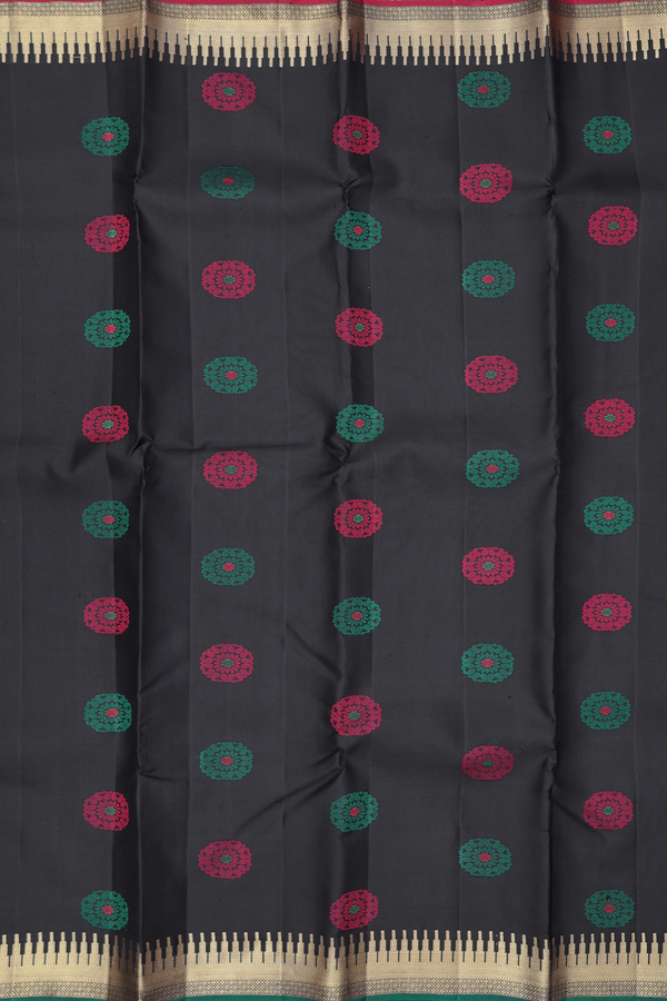Kanchipuram Silk Saree In Black With Floral Motifs