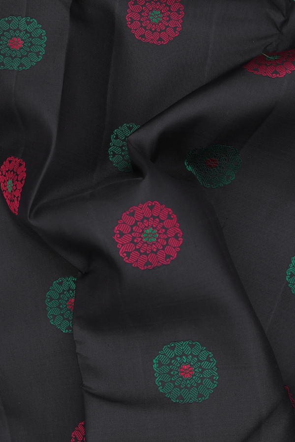Kanchipuram Silk Saree In Black With Floral Motifs