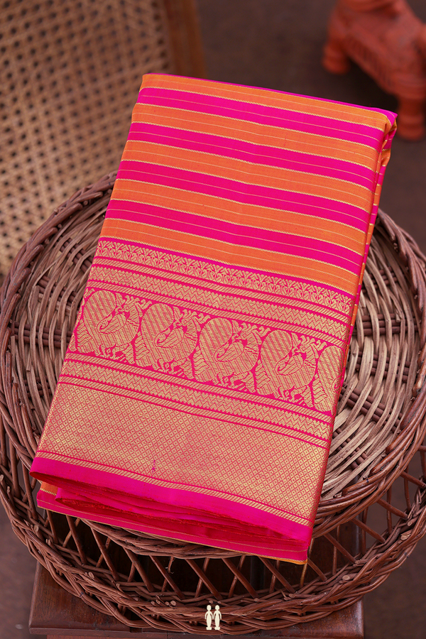 Kanchipuram Silk Saree In Pink And Orange With Stripes Design