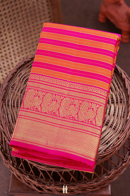Kanchipuram Silk Saree In Pink And Orange With Stripes Design