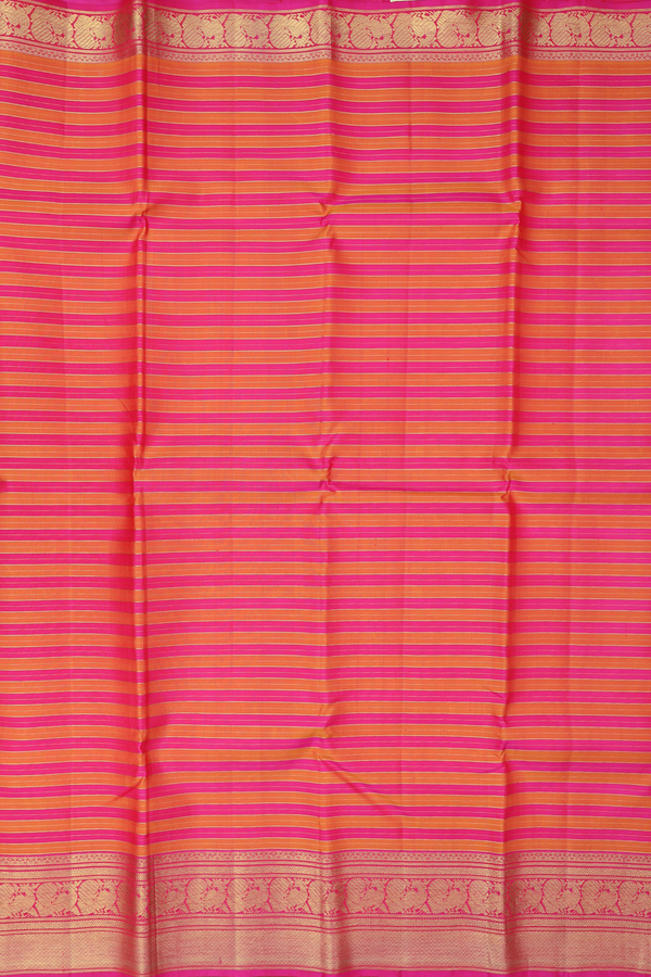 Kanchipuram Silk Saree In Pink And Orange With Stripes Design