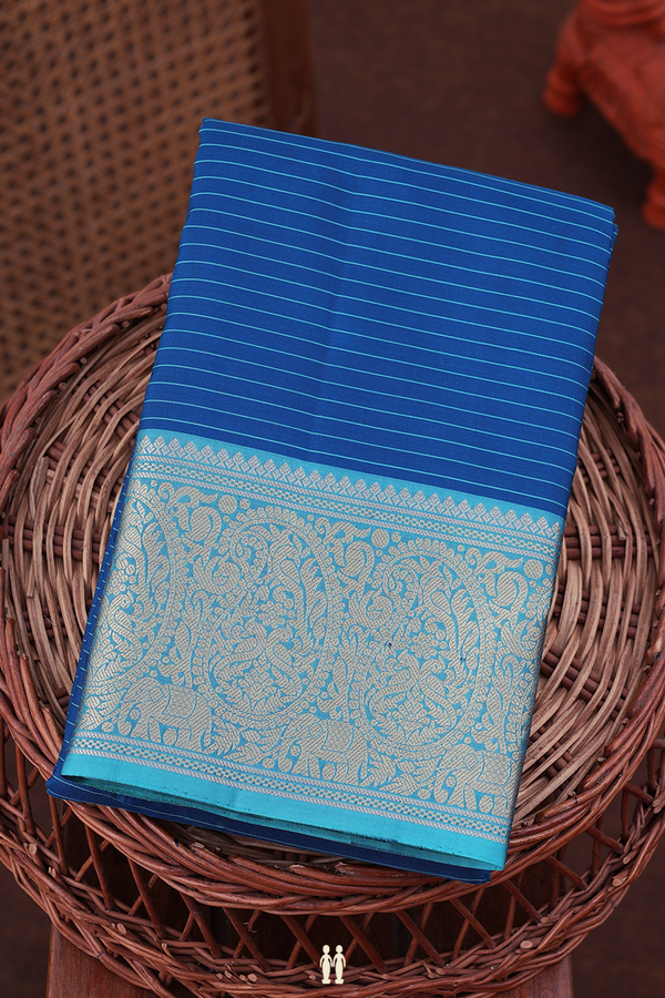 Kanchipuram Silk Saree In Dark Teal Blue With Stripes Design