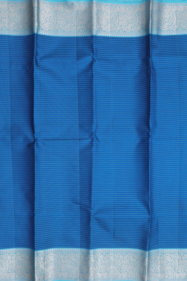 Kanchipuram Silk Saree In Dark Teal Blue With Stripes Design