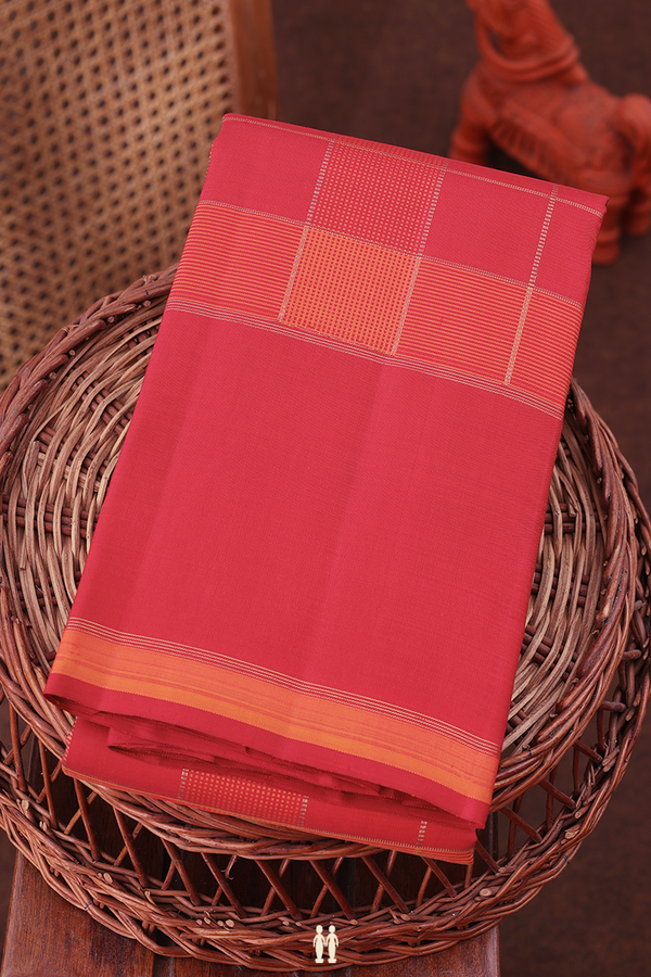 Kanchipuram Silk Saree In Red And Orange With Checks Design