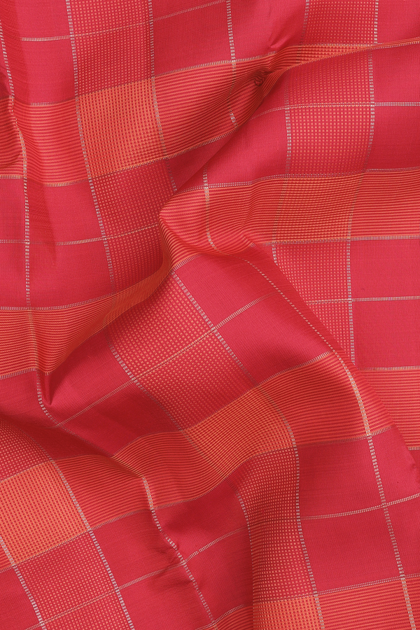 Kanchipuram Silk Saree In Red And Orange With Checks Design