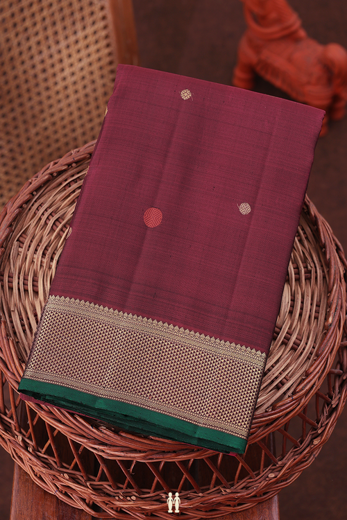 Kanchipuram Silk Saree In Dark Burgundy With Rudraksh Buttas
