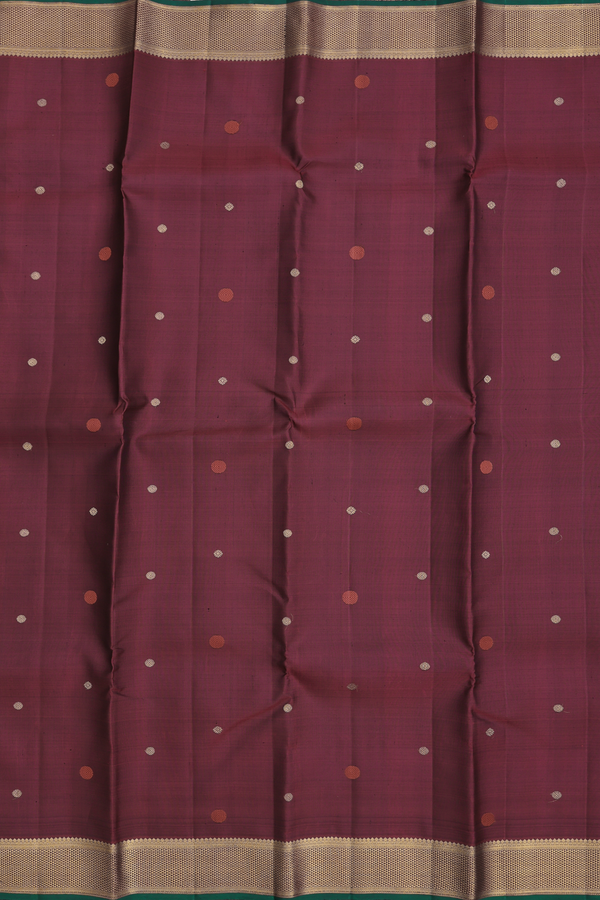 Kanchipuram Silk Saree In Dark Burgundy With Rudraksh Buttas