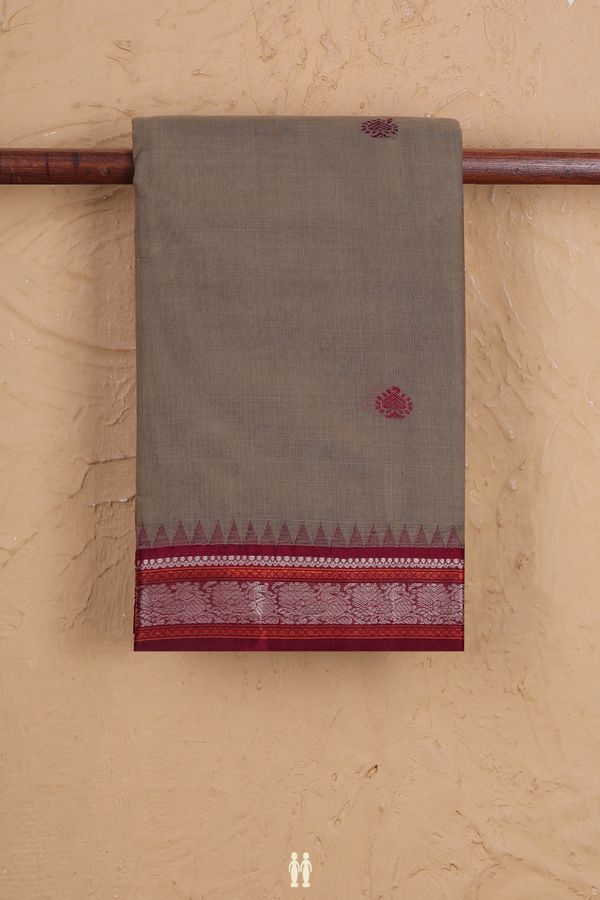 Kanchi Cotton Saree In Dark Khaki With Threadwork Buttas