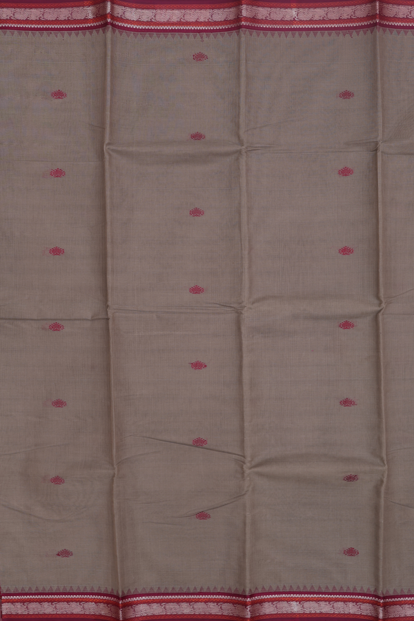 Kanchi Cotton Saree In Dark Khaki With Threadwork Buttas