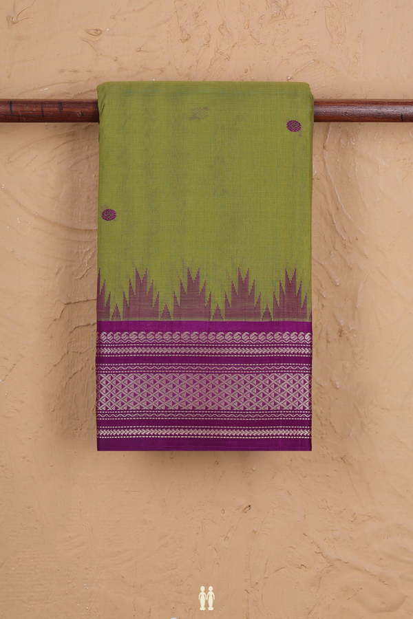 Kanchi Cotton Saree In Olive Green With Threadwork Buttas