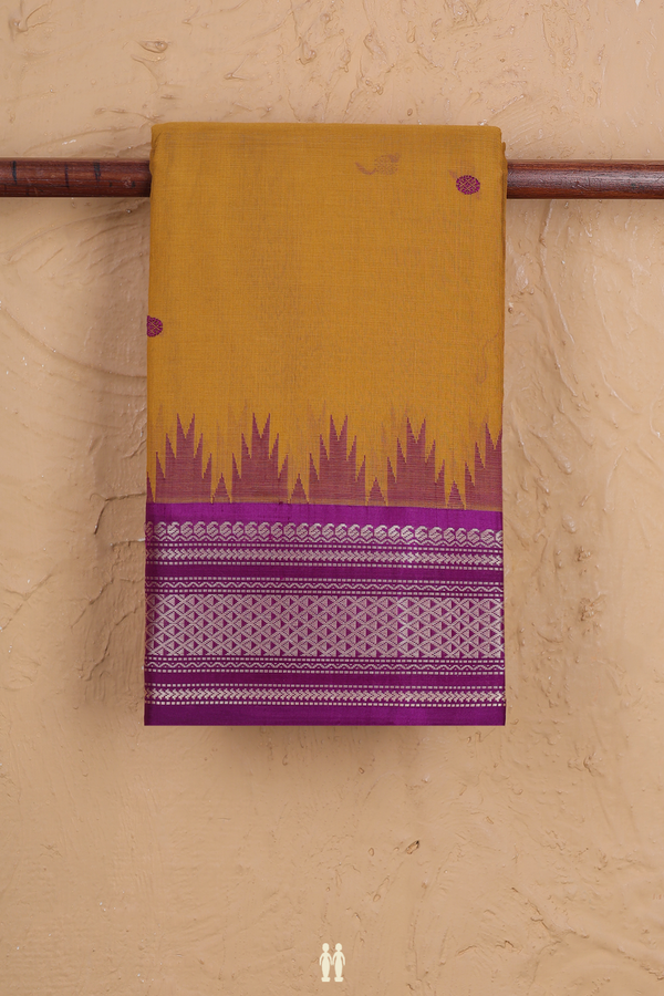 Kanchi Cotton Saree In Golden Yellow With Rudraksh Buttas