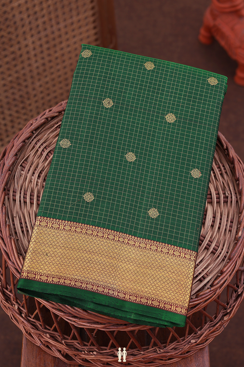 Kanchipuram Silk Saree In Forest Green Along Checks With Buttas