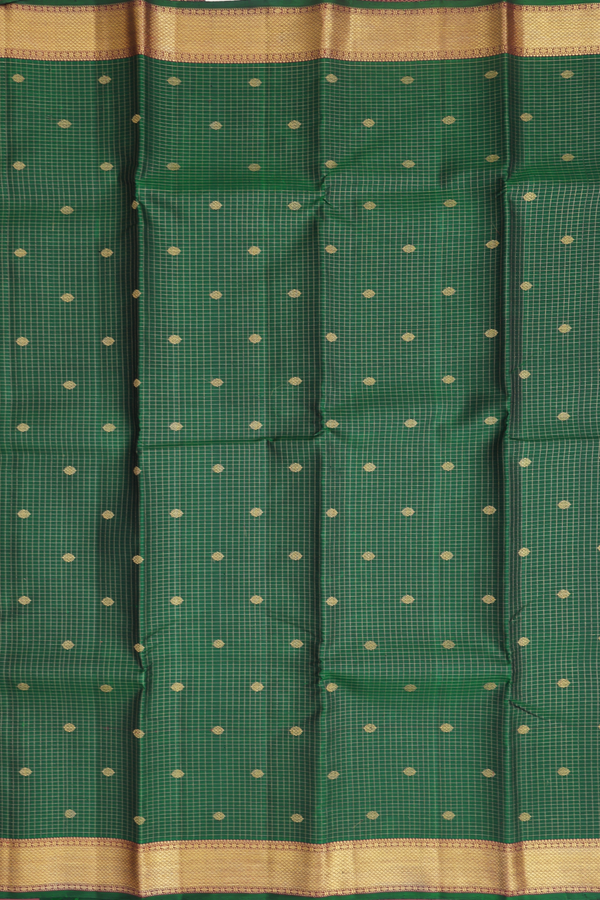 Kanchipuram Silk Saree In Forest Green Along Checks With Buttas