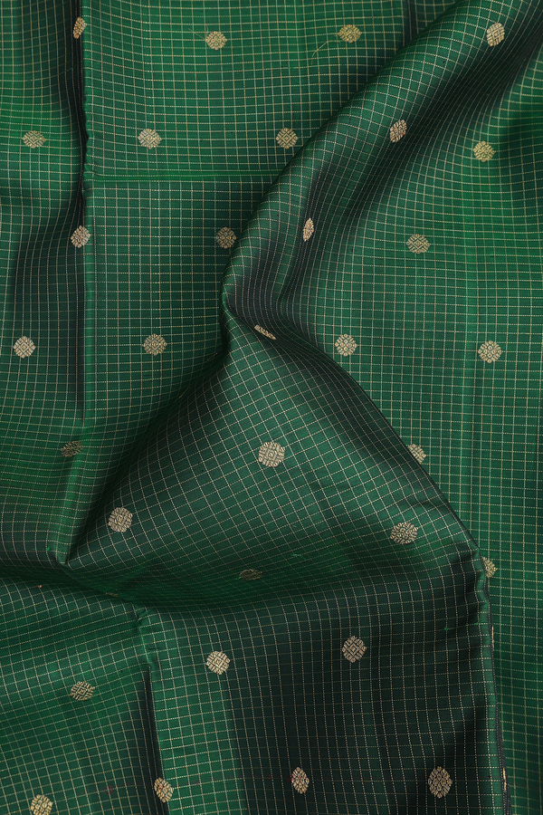 Kanchipuram Silk Saree In Forest Green Along Checks With Buttas