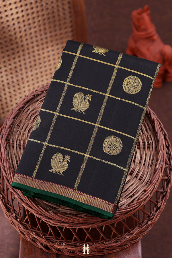 Kanchipuram Silk Saree In Black With Checks Design