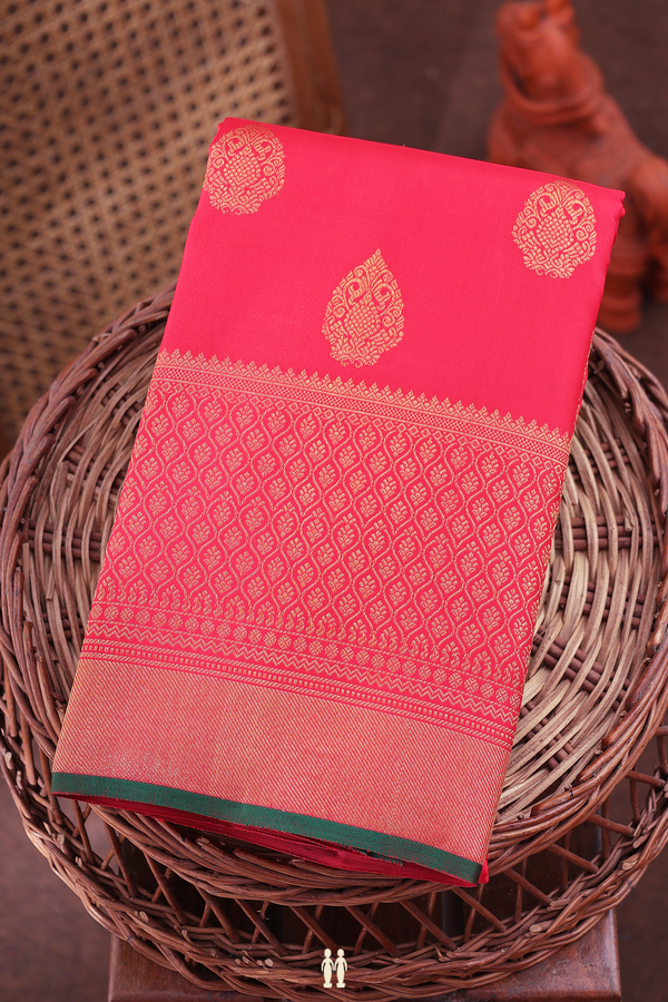 Kanchipuram Silk Saree In Vermillion Red With Zari Buttas