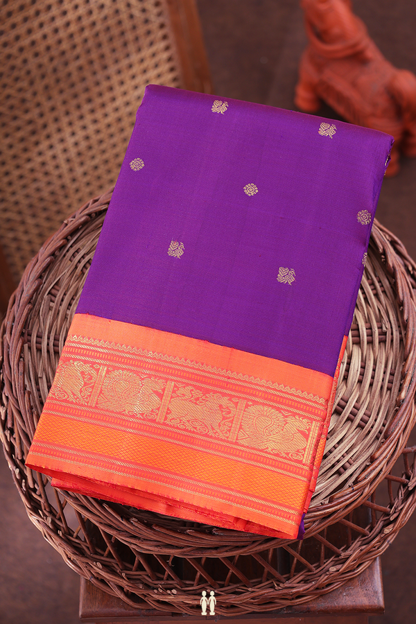 Kanchipuram Silk Saree In Purple With Peacock Buttas
