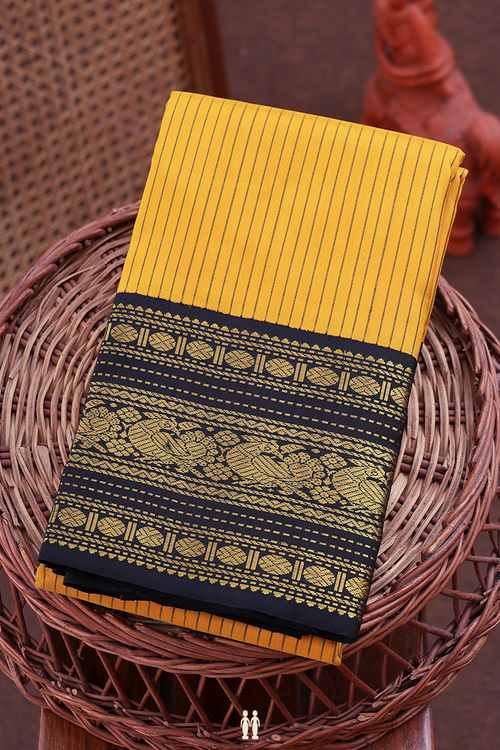 Kanchipuram Silk Saree In Yellow With Stripes Design