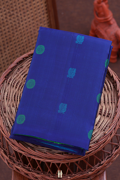 Kanchipuram Silk Saree In Royal Blue With Peacock Buttas