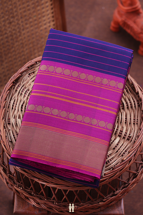 Kanchipuram Silk Saree In Navy Blue With Stripes Design