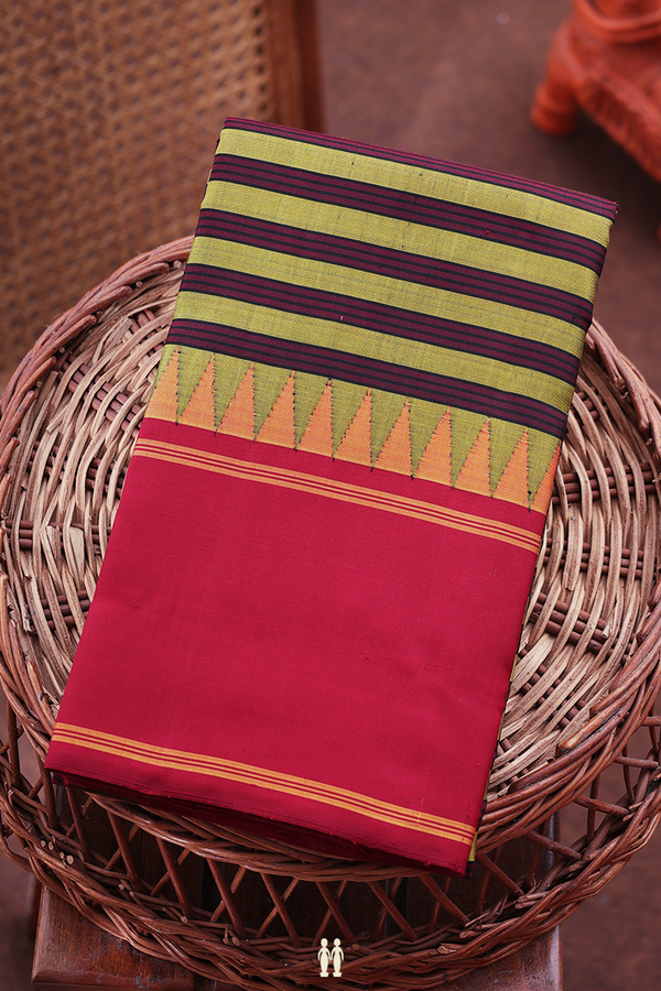 Kanchipuram Silk Saree In Green And Maroon With Stripes Design