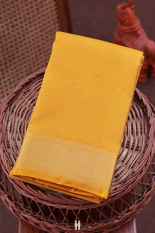 Kanchipuram Silk Saree In Saffron Yellow With Checks Design