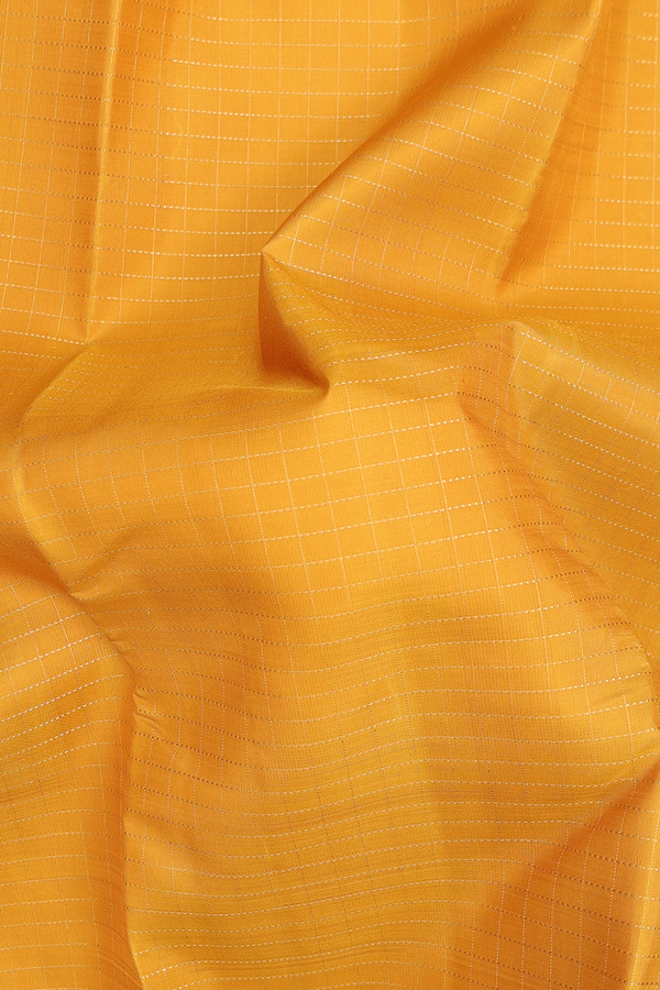 Kanchipuram Silk Saree In Saffron Yellow With Checks Design