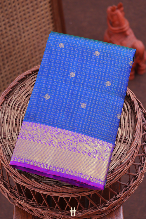 Kanchipuram Silk Saree In Blue With Checks Design